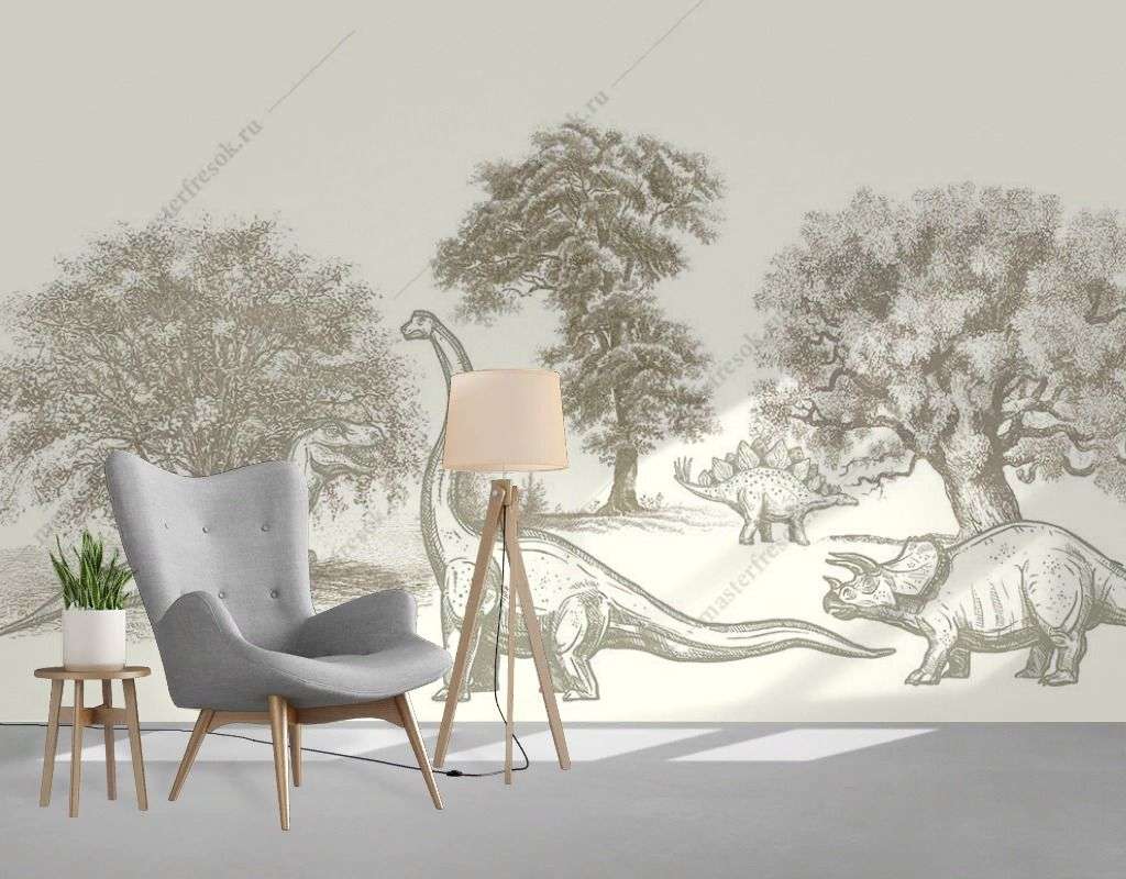 Фотообои в интерьере гравюра с динозаврами в детскую  12-1559 фото