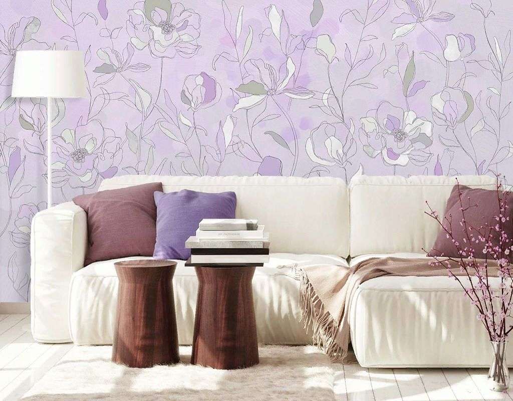 Фотообои в интерьере фон сиреневый с листьями  9-1991 фото