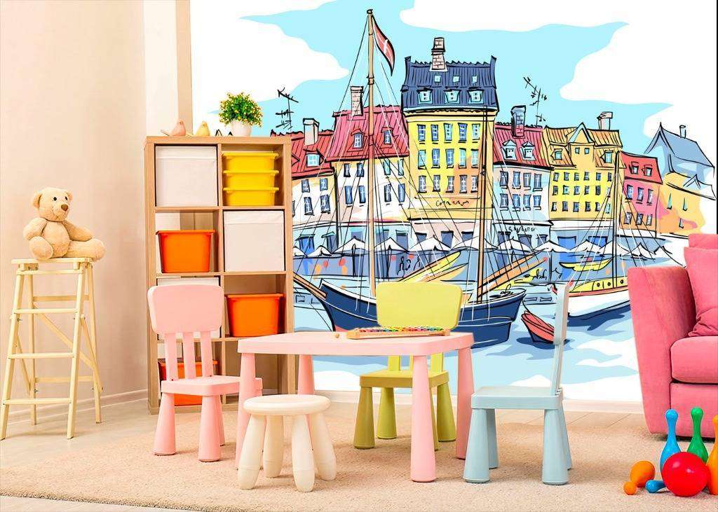 Фотообои в интерьере набережная с домиками графика  12-499 фото