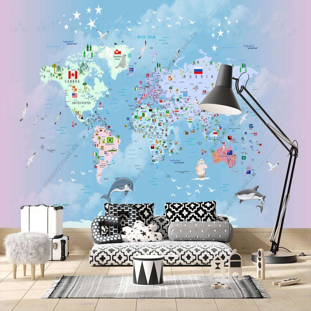 Фотообои Бесшовные обои на стену:  Карта мира разноцветная. Артикул: 12-786  