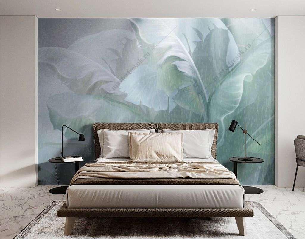 Фотообои в интерьере зеленые листья банана  13-457 фото
