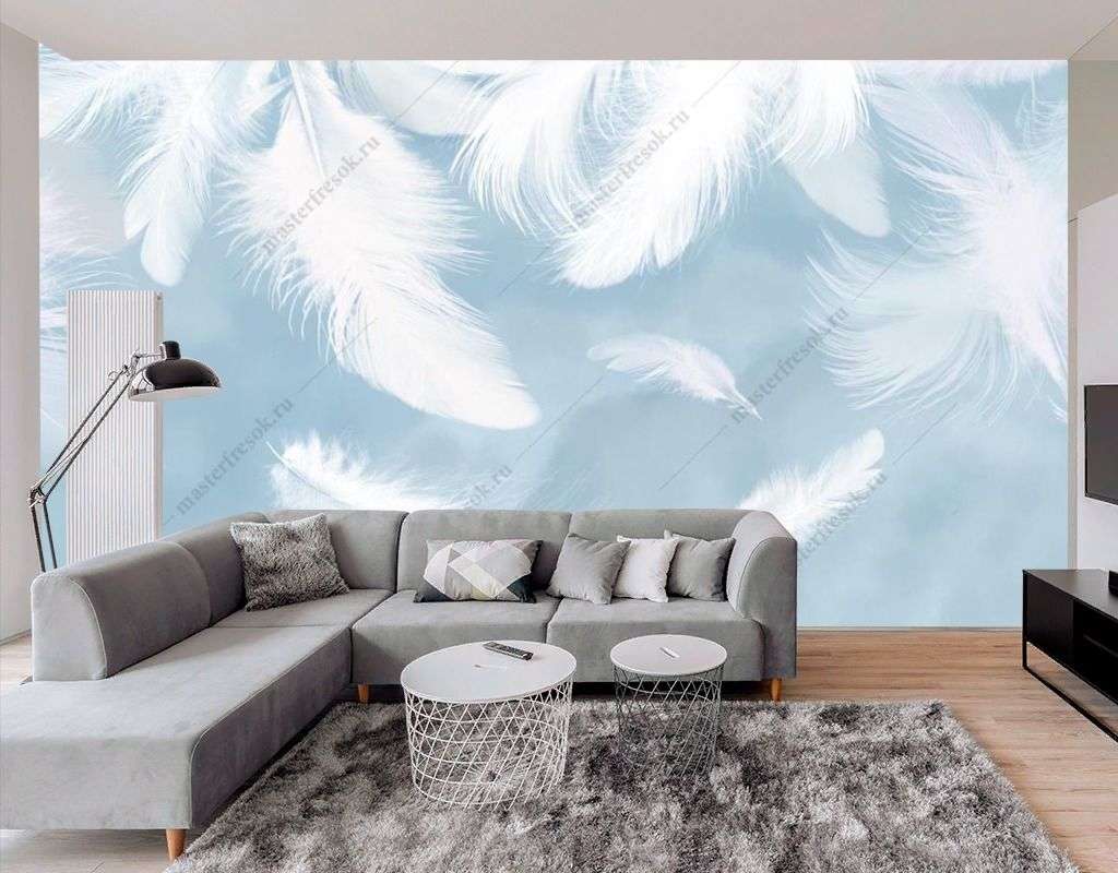 Фотообои в интерьере белые перья  14-552 фото