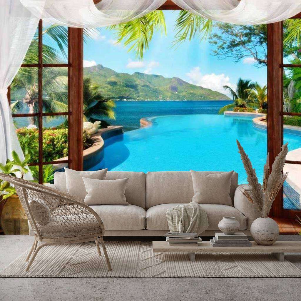 Фотообои в интерьере окно с выходом на бассейн  17-0048 фото