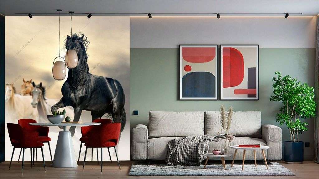 Фотообои в интерьере конь черный  9-1771 фото