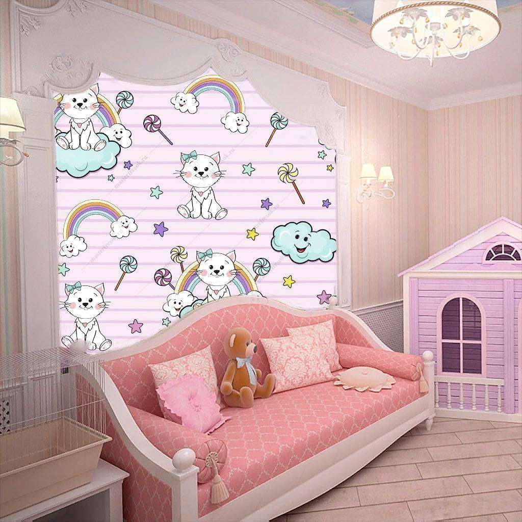 Фотообои в интерьере котята на облаках на розовом фоне  12-414 фото