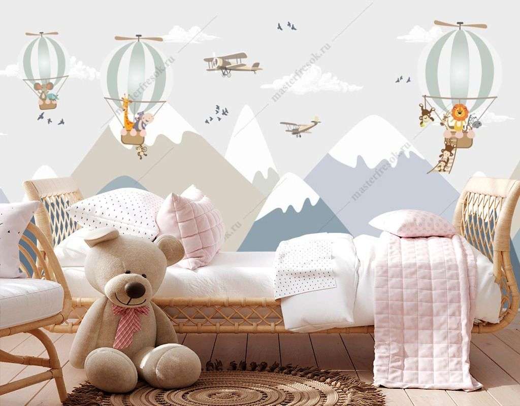 Фотообои в интерьере воздушные шары над горами  14-654 фото