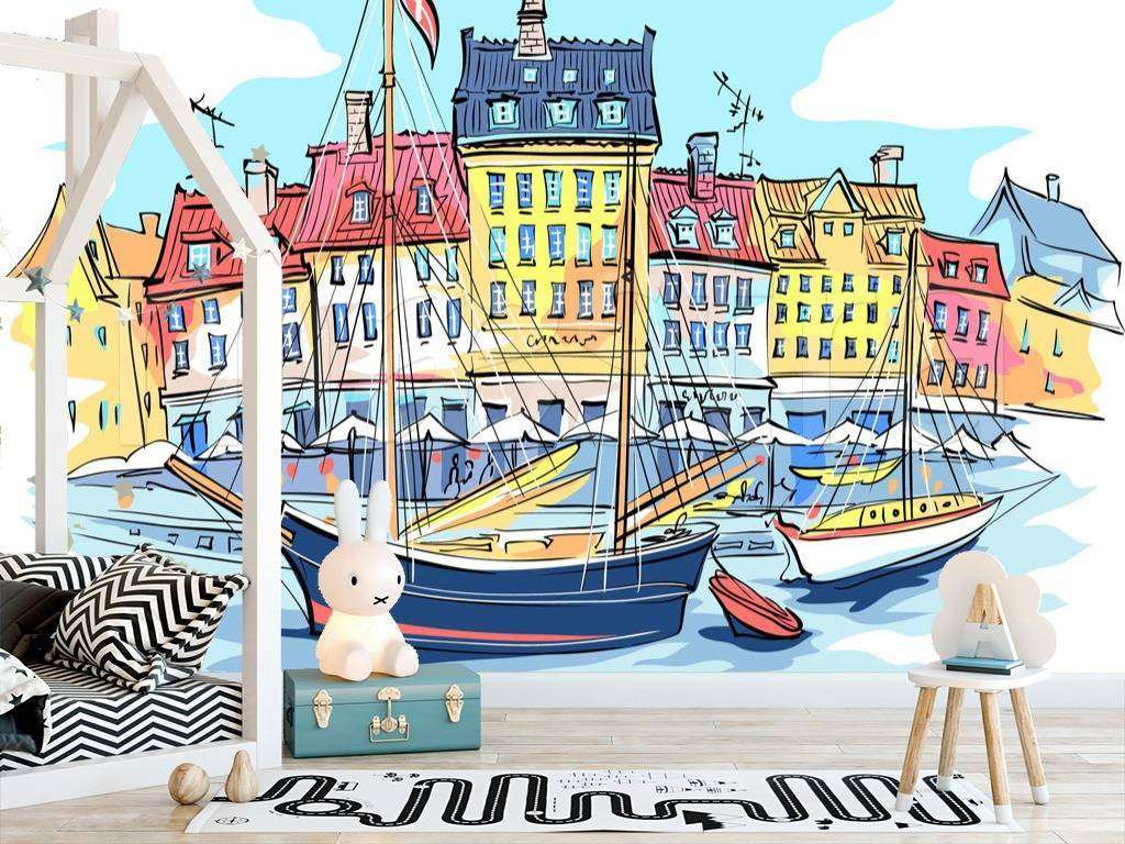 Фотообои в интерьере набережная с домиками графика  12-499 фото