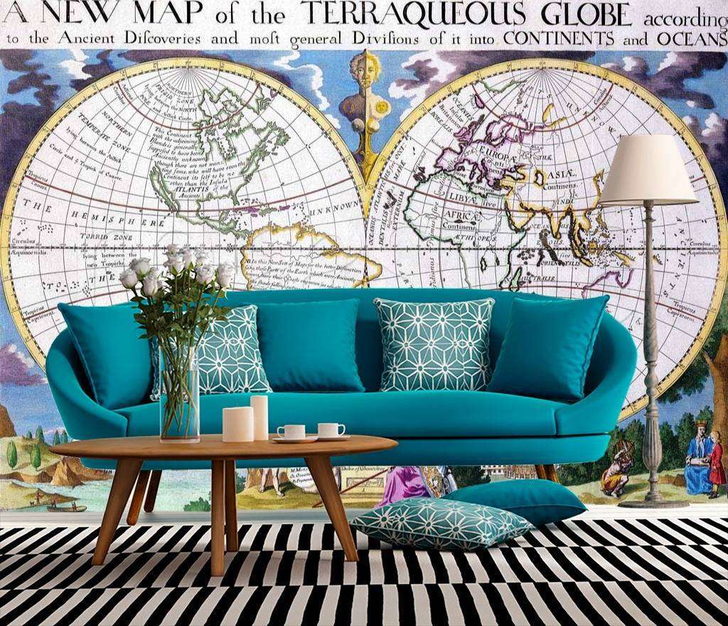 Фотообои в интерьере старая карта континентов  9-426 фото