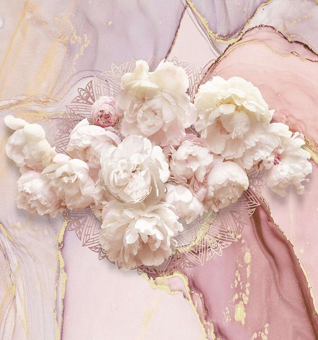 Фотообои в интерьере розовые пионы на мраморе    9-1888 фото