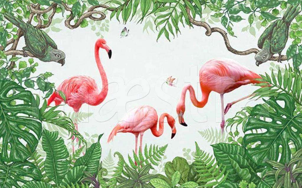 Фотообои в интерьере фламинго в тропиках  15-527 фото