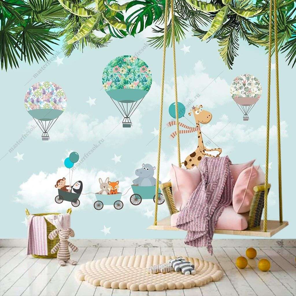 Фотообои в интерьере веселые зверята в тропиках  12-1461 фото