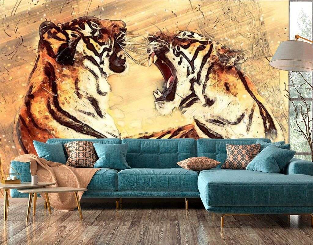 Фотообои в интерьере спор тигров  17-4179 фото
