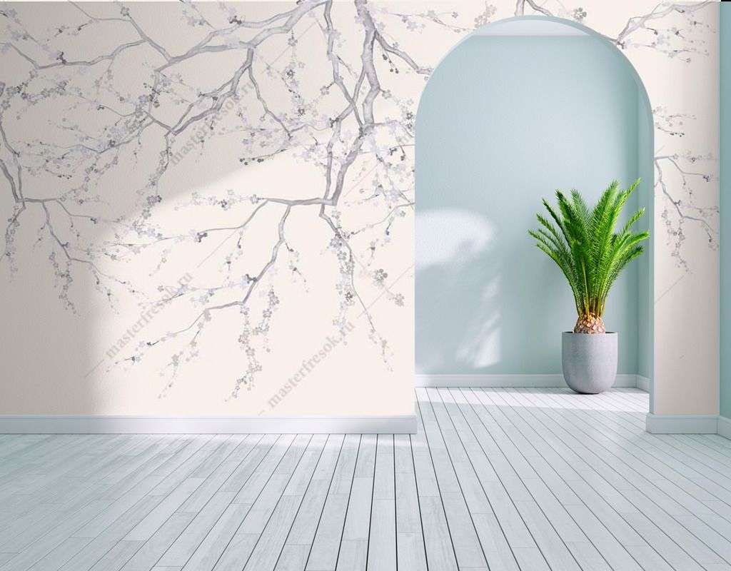 Фотообои в интерьере тонкие ветки сакуры  13-416 фото