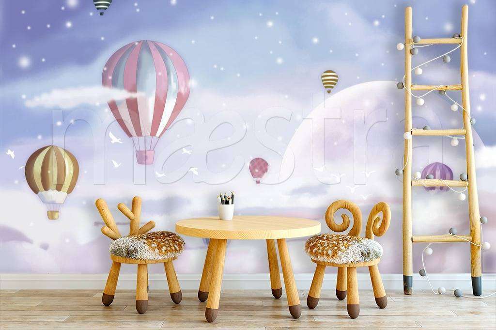 Фотообои в интерьере воздушные шары в розовом небе  12-430 фото