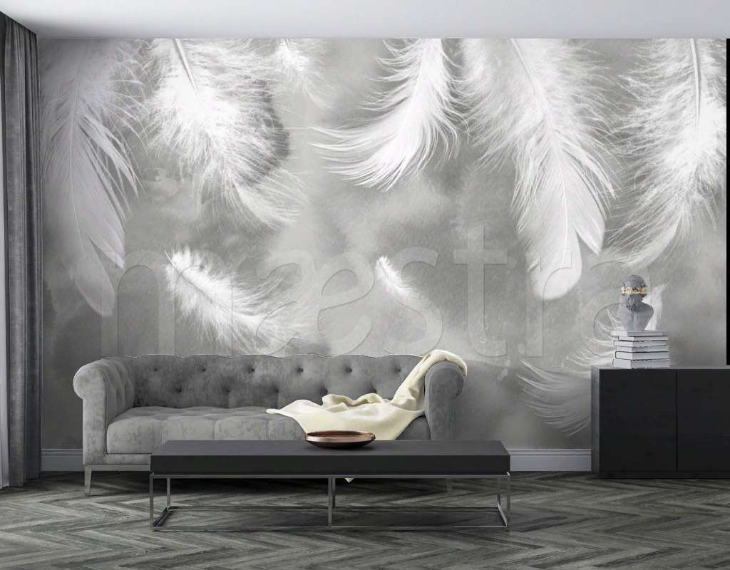 Фотообои Бесшовные обои на стену:  Белые перья на сером фоне. Артикул: 7-938  