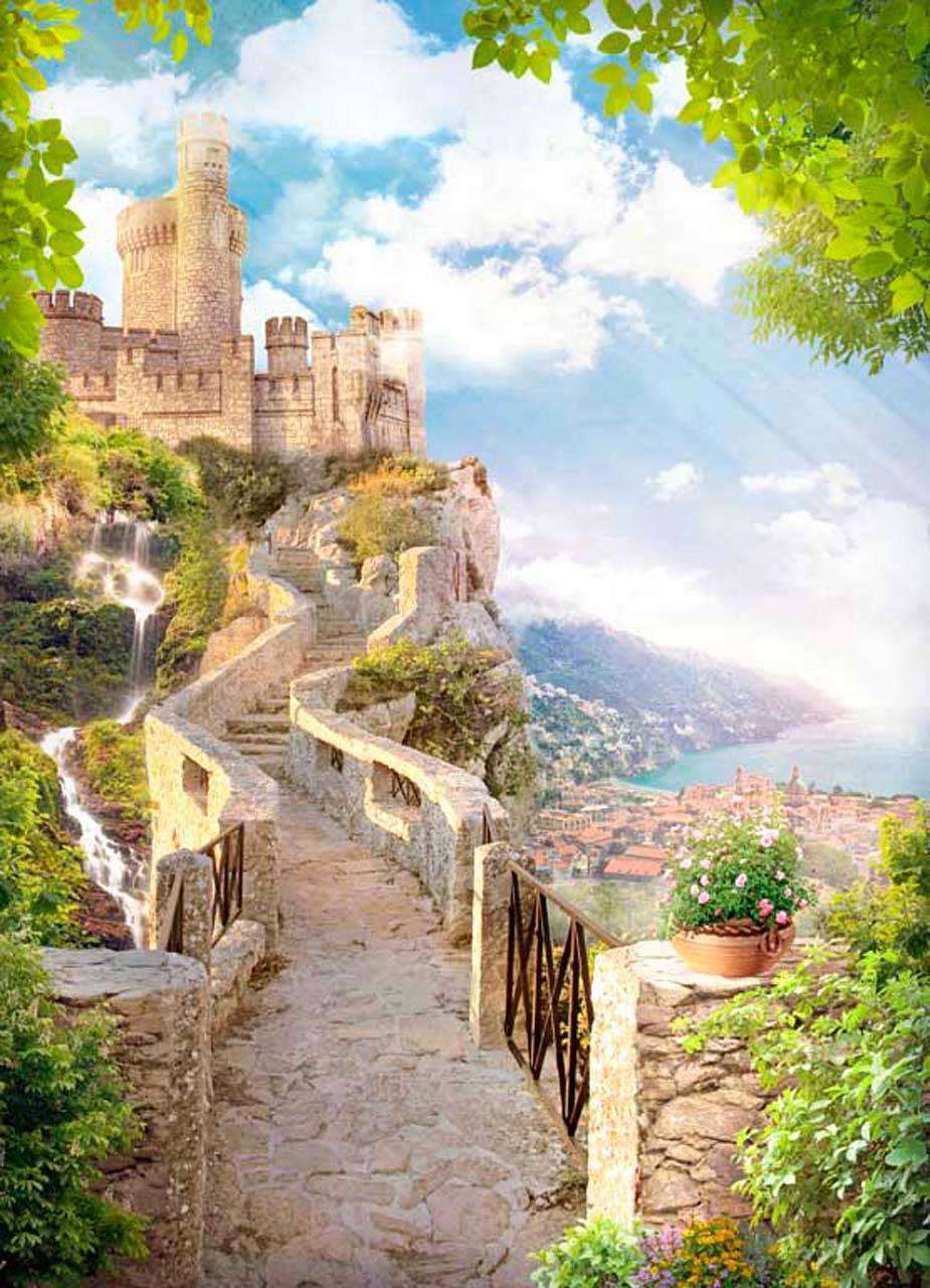 Фотообои в интерьере тропа ведущая к замку и водопаду  11-118 фото