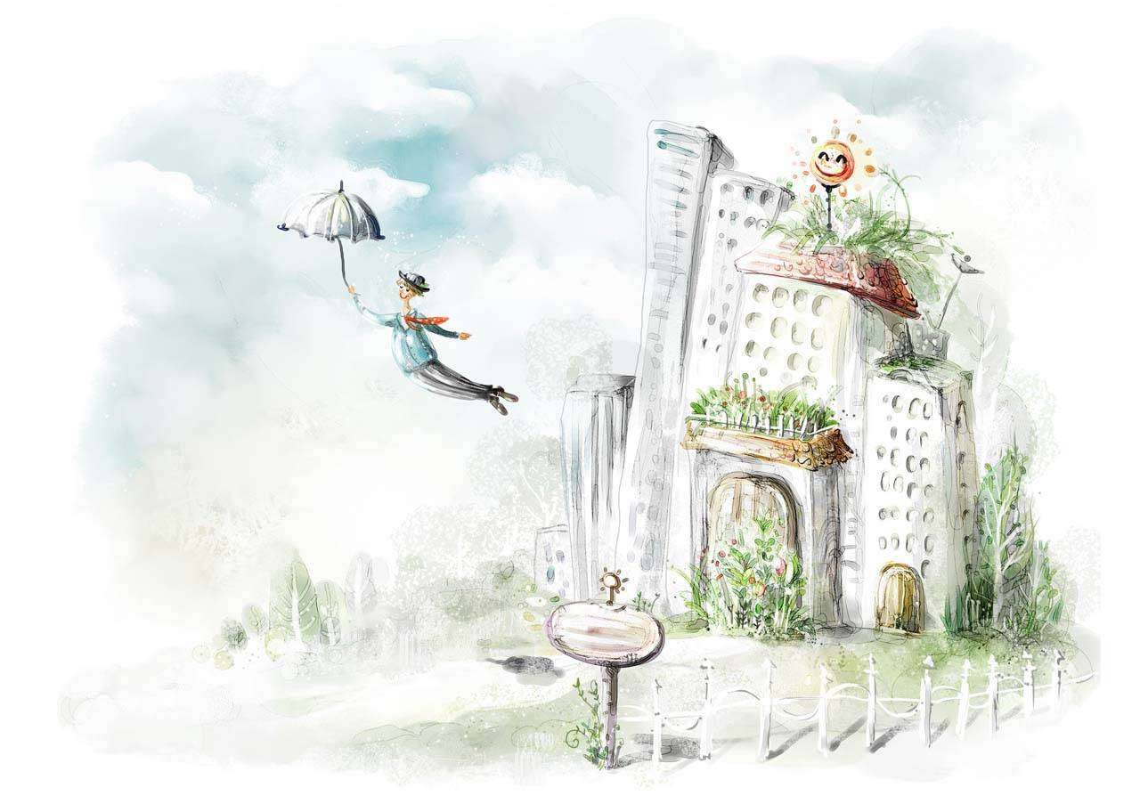 Фотообои в интерьере полет на зонтике  12-278 фото