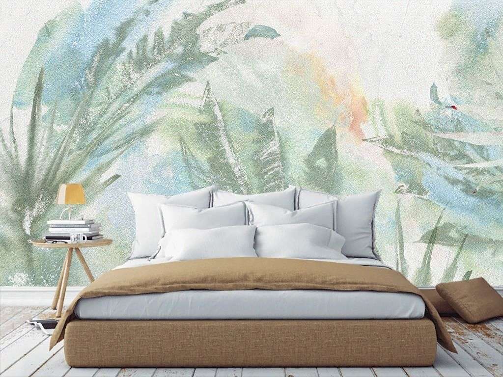 Фотообои в интерьере листья рисунок акварелью  9-1987 фото