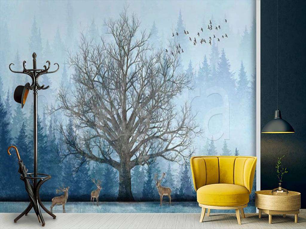 Фотообои в интерьере дерево в голубом лесу  15-531 фото