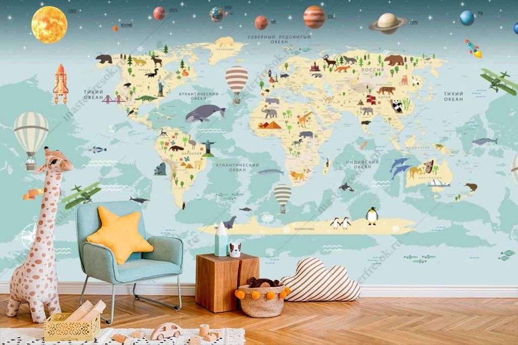 Фотообои в интерьере карта мира с планетами  14-290 фото