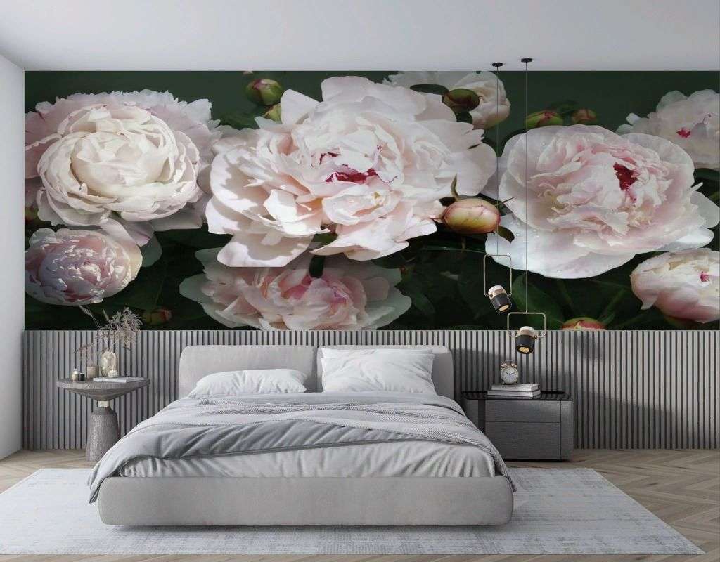 Фотообои в интерьере пионы на темном фоне  9-1974 фото