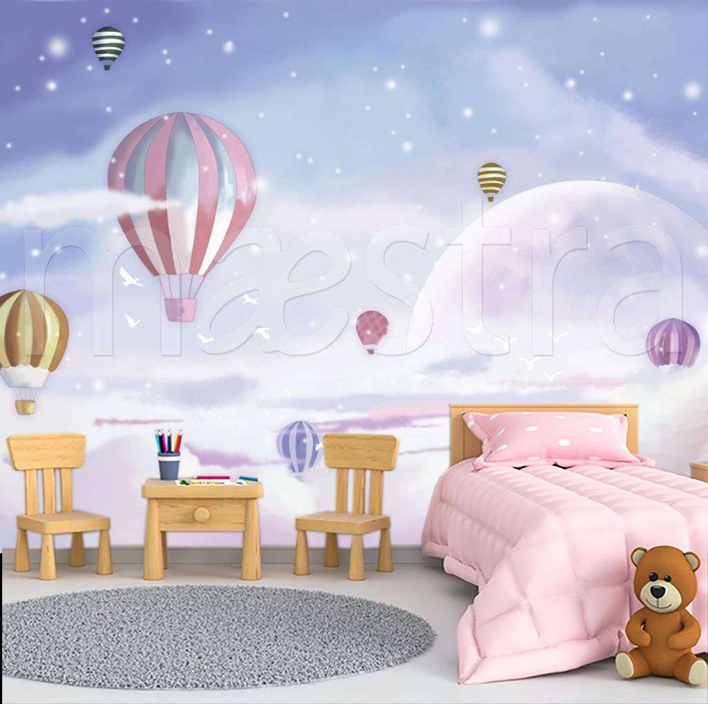 Фотообои в интерьере воздушные шары в розовом небе  12-430 фото