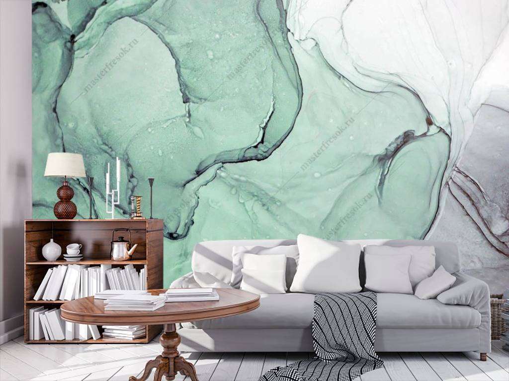 Фотообои в интерьере флюид арт зеленая акварель  9-1021 фото