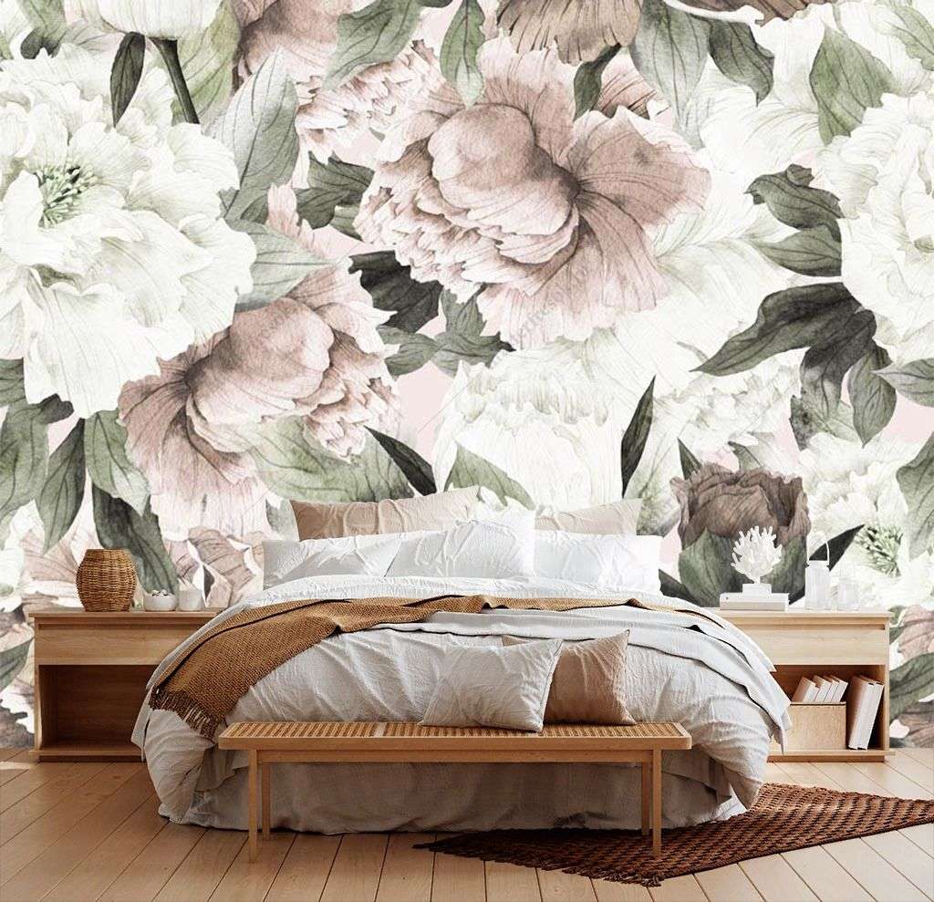 Фотообои в интерьере пудровые пионы  14-562 фото