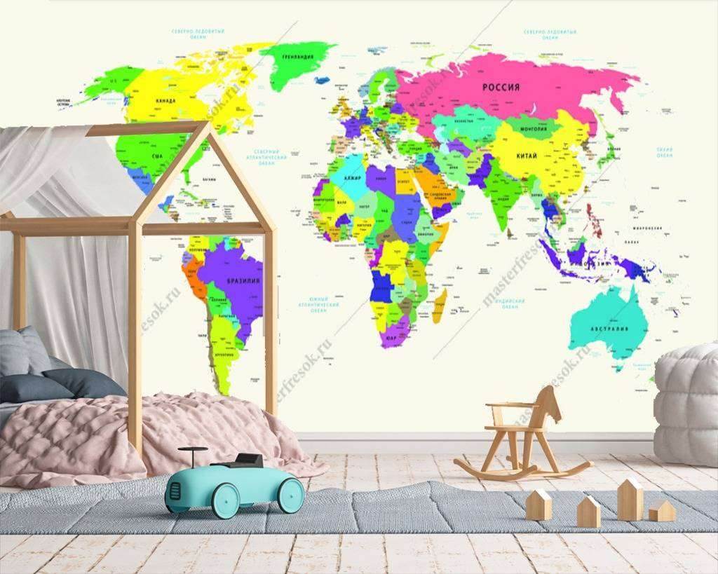 Фотообои в интерьере карта мира разноцветная  12-989 фото