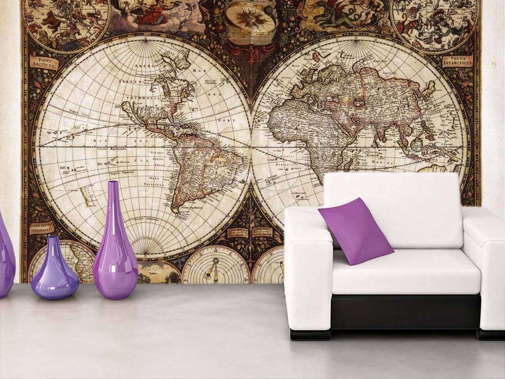 Фотообои в интерьере старая карта мира в коричневом цвете  1-095 фото