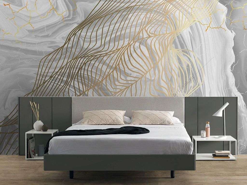 Фотообои в интерьере в спальню золотые линии на мраморе  9-1854 фото