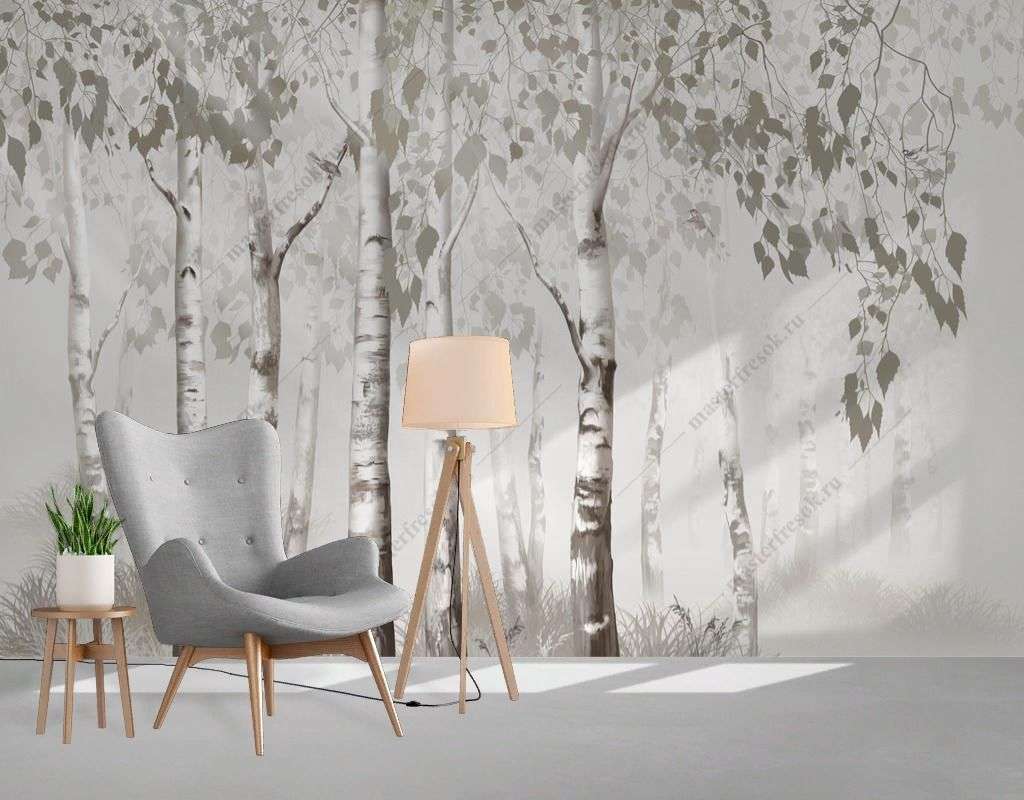 Фотообои в интерьере березовый лес серый  13-620 фото