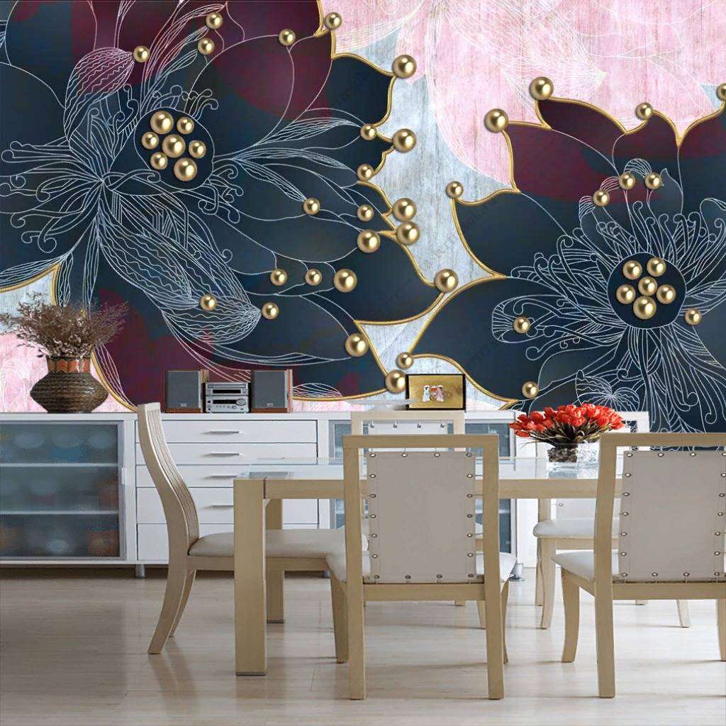 Фотообои в интерьере 3д синие яркие цветы  10-840 фото