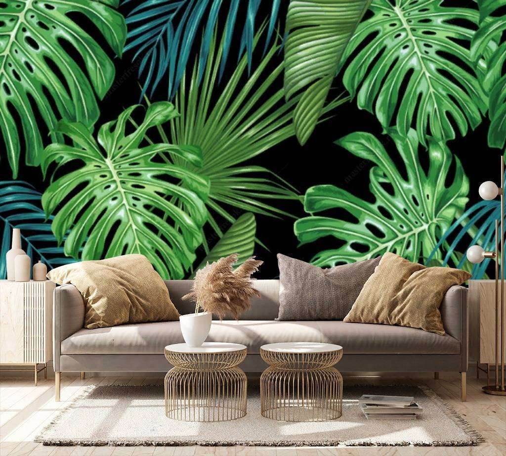 Фотообои в интерьере монстера на черном фоне  15-549 фото