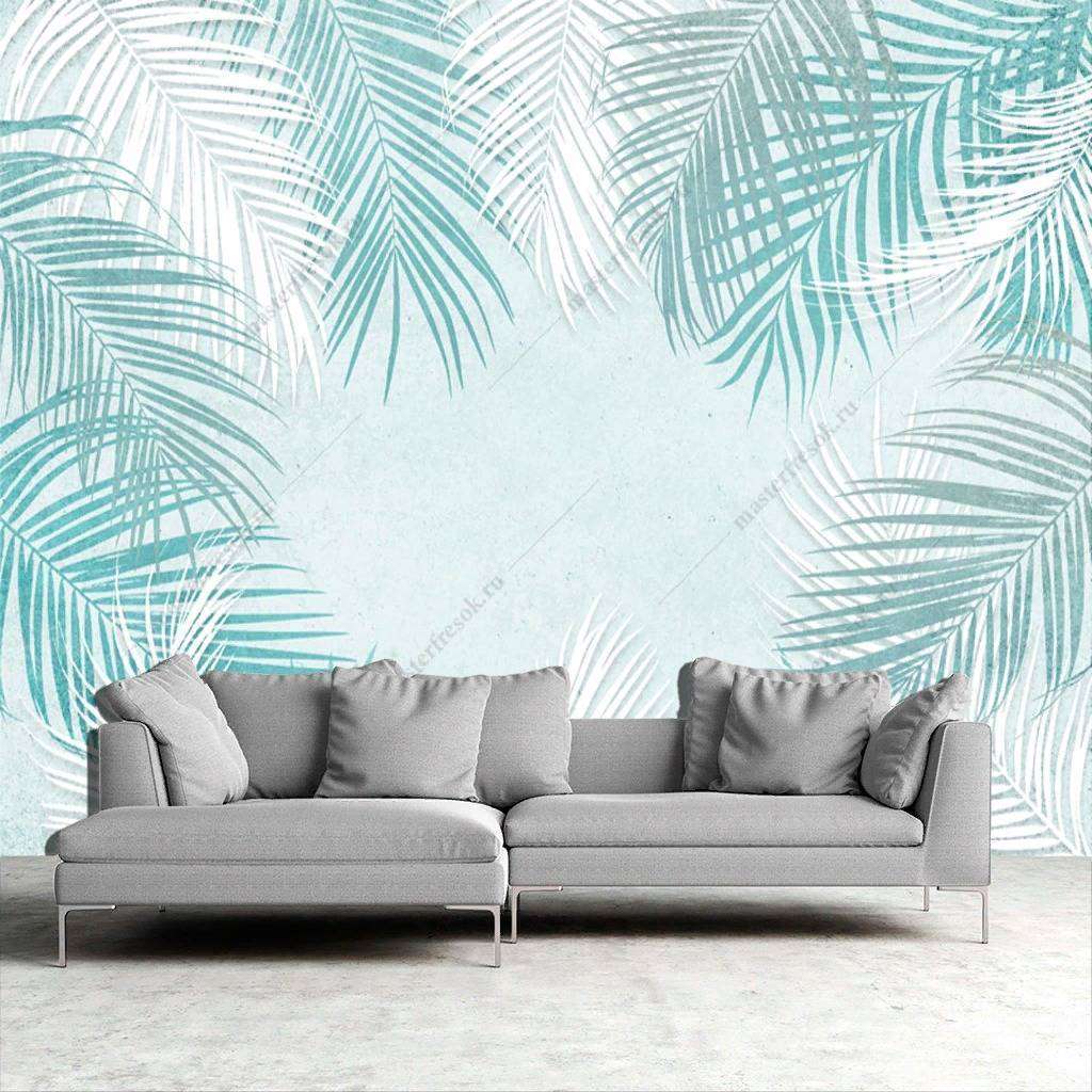 Фотообои в интерьере бело-голубые листья  10-735 фото