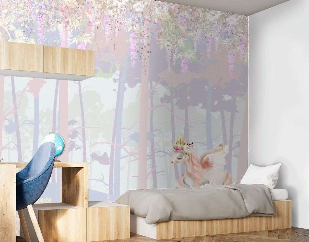 Фотообои в интерьере в детскую розовый лес   14-751 фото