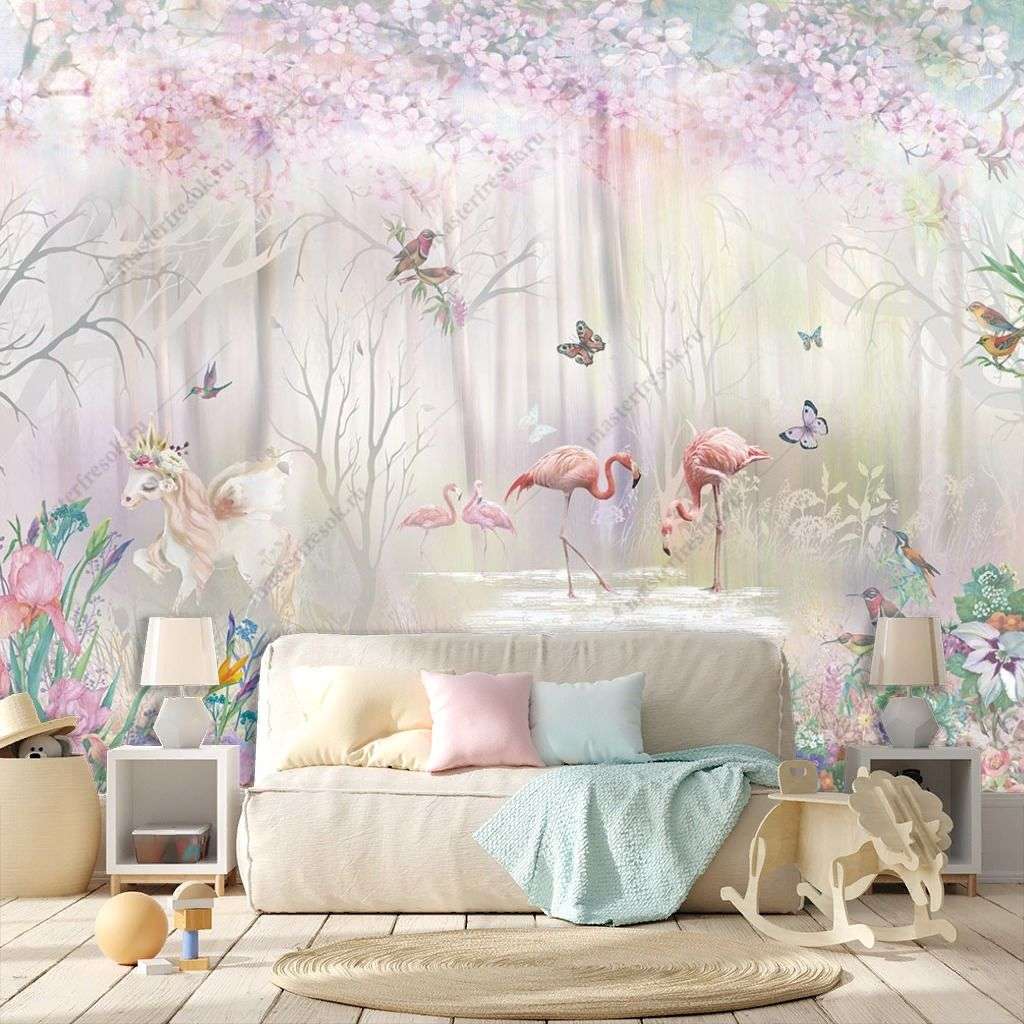 Фотообои в интерьере сказочный розовый лес  14-686 фото