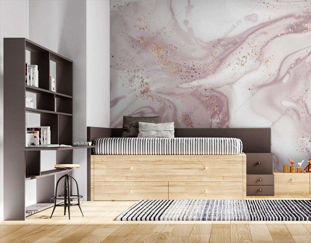 Фотообои в интерьере пудровый флюид с золотом  9-1560 фото