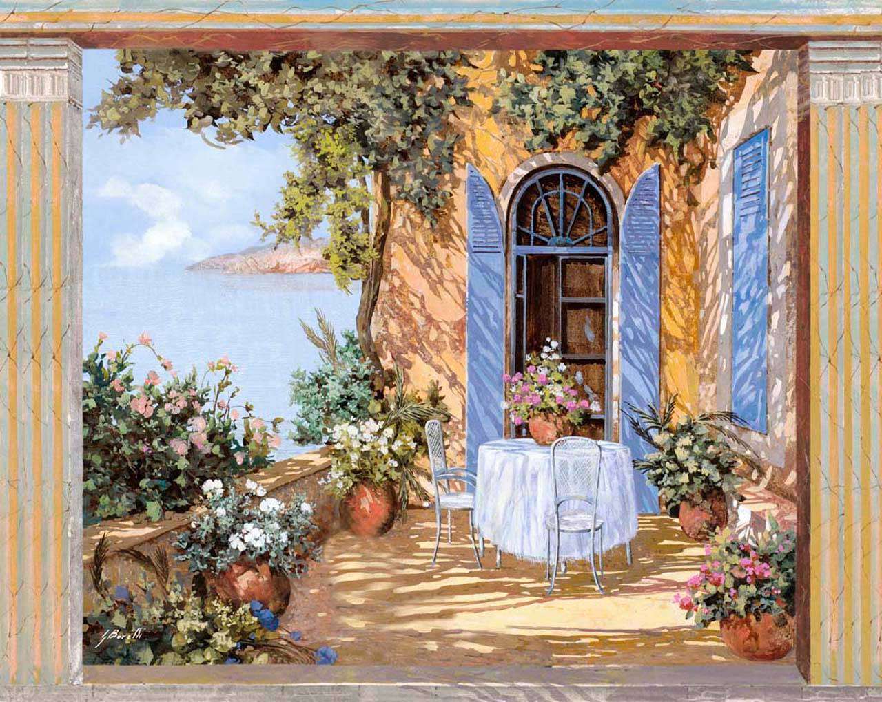 Фотообои в интерьере внутренний дворик со столом  8-039 фото