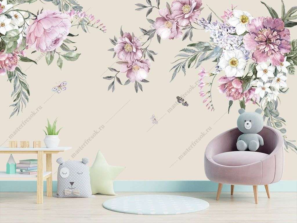 Фотообои в интерьере акварельные цветы  14-319 фото