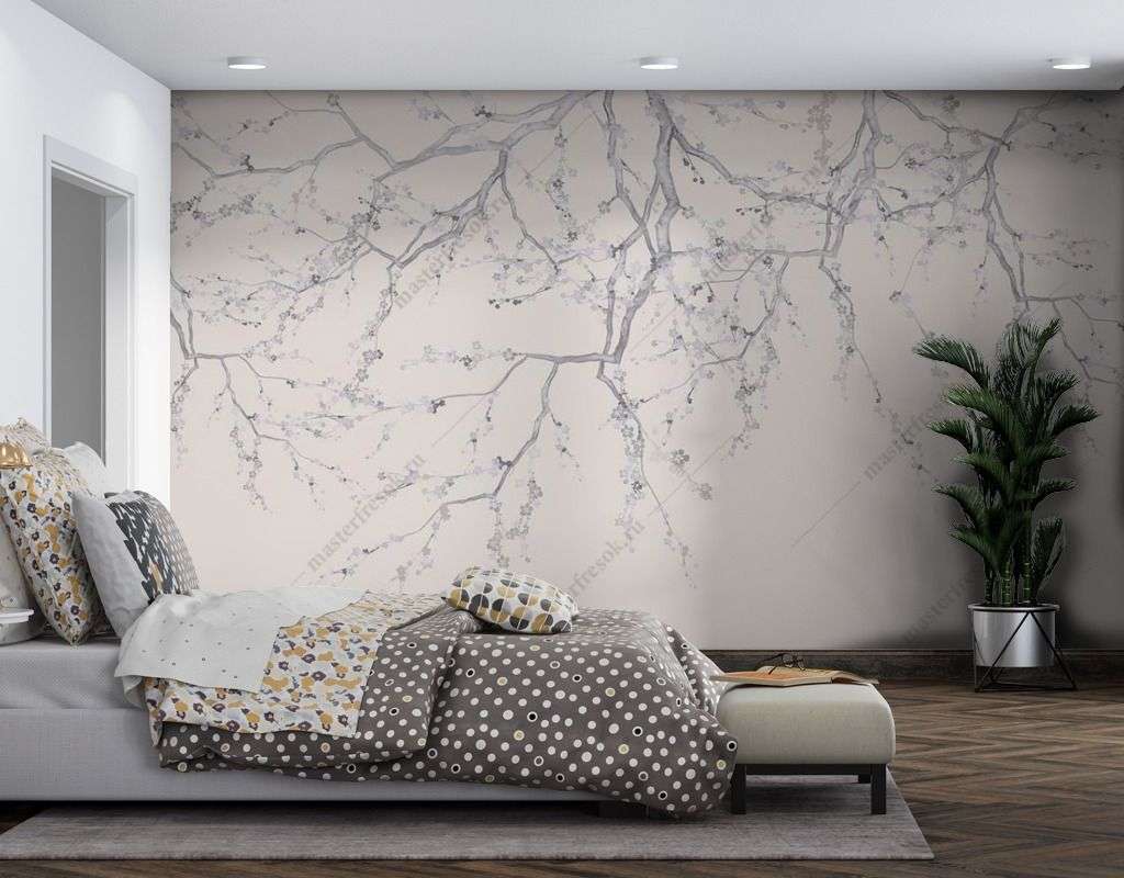 Фотообои в интерьере тонкие ветки сакуры  13-416 фото