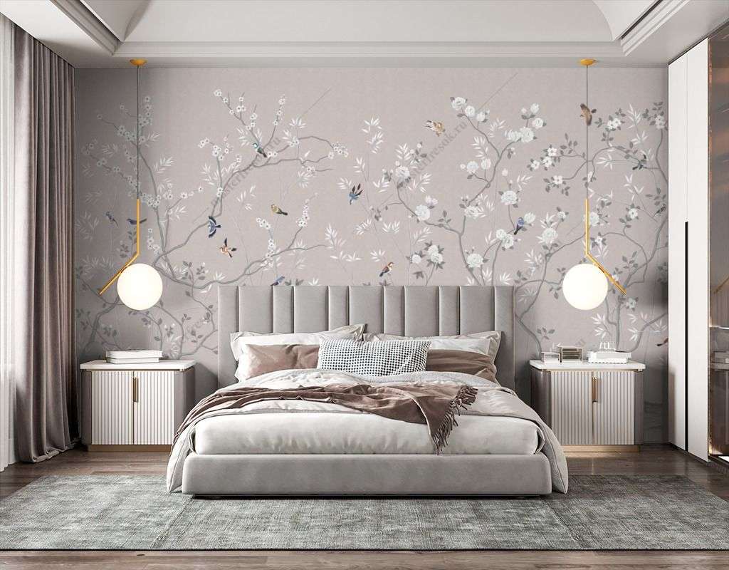 Фотообои в интерьере сакура и птички  14-575 фото