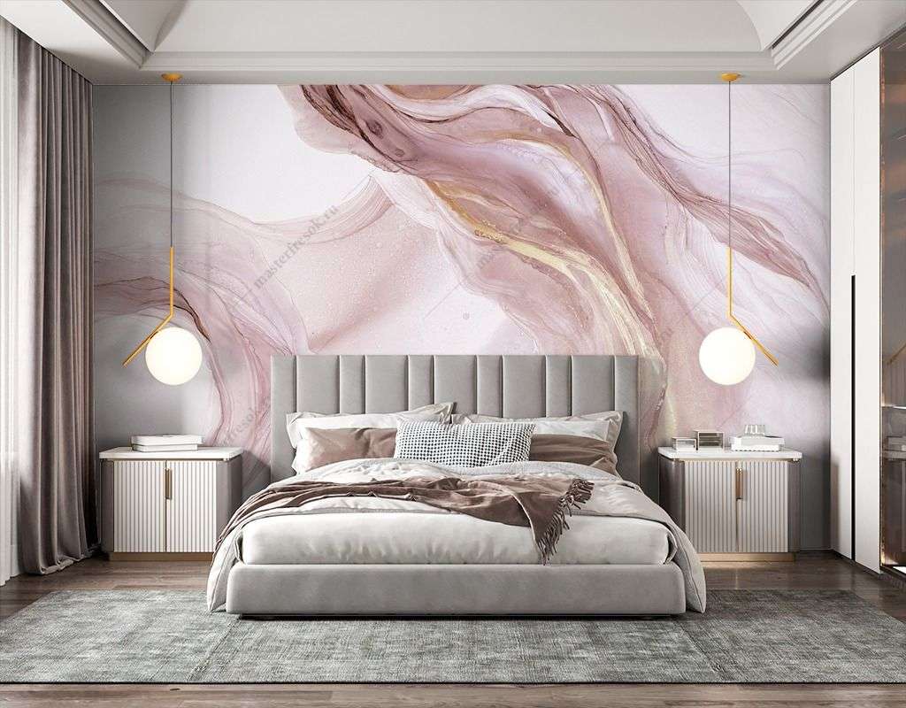 Фотообои в интерьере в спальню акварель и золото  9-1841 фото