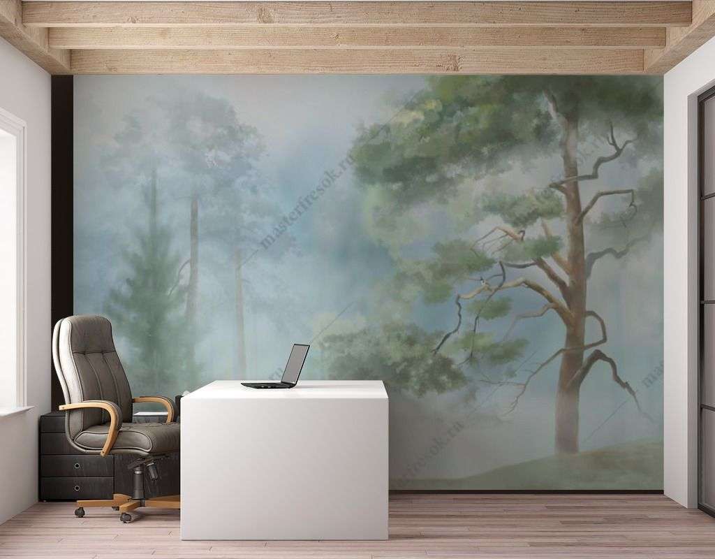 Фотообои в интерьере хвойный лес утром  13-461 фото