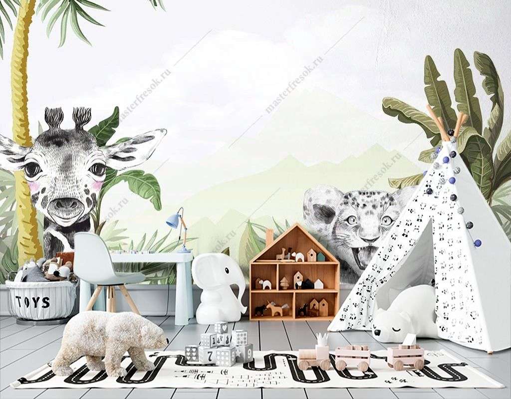 Фотообои в интерьере жираф и тигренок  14-431 фото