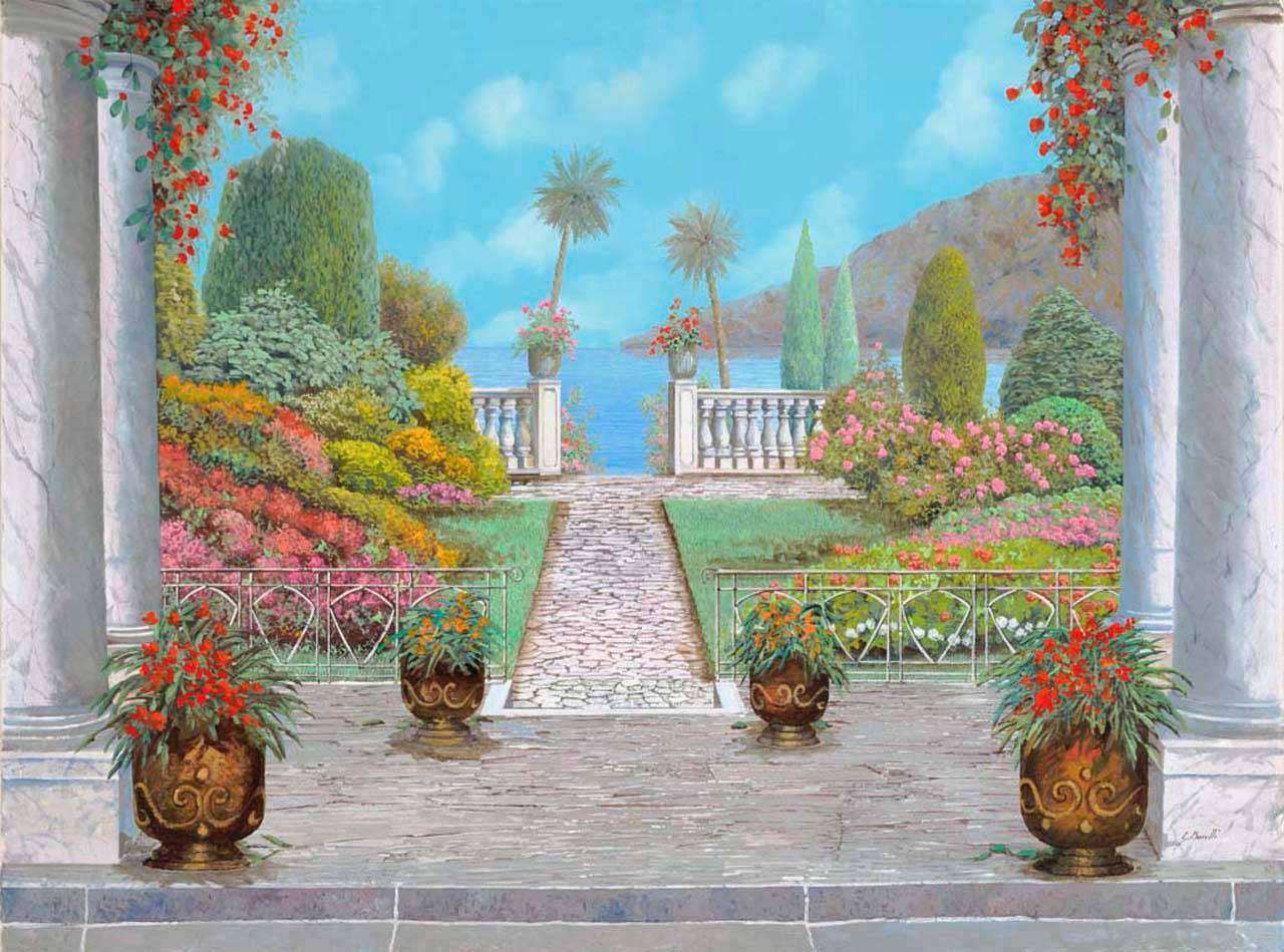 Фотообои в интерьере вид на колонны с выходом к морю  8-057 фото