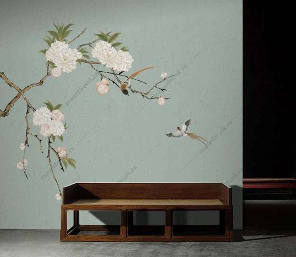 Фотообои в интерьере веточка цветущего миндаля  15-900 фото