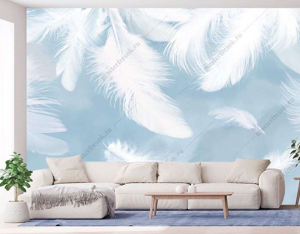 Фотообои в интерьере белые перья  14-552 фото