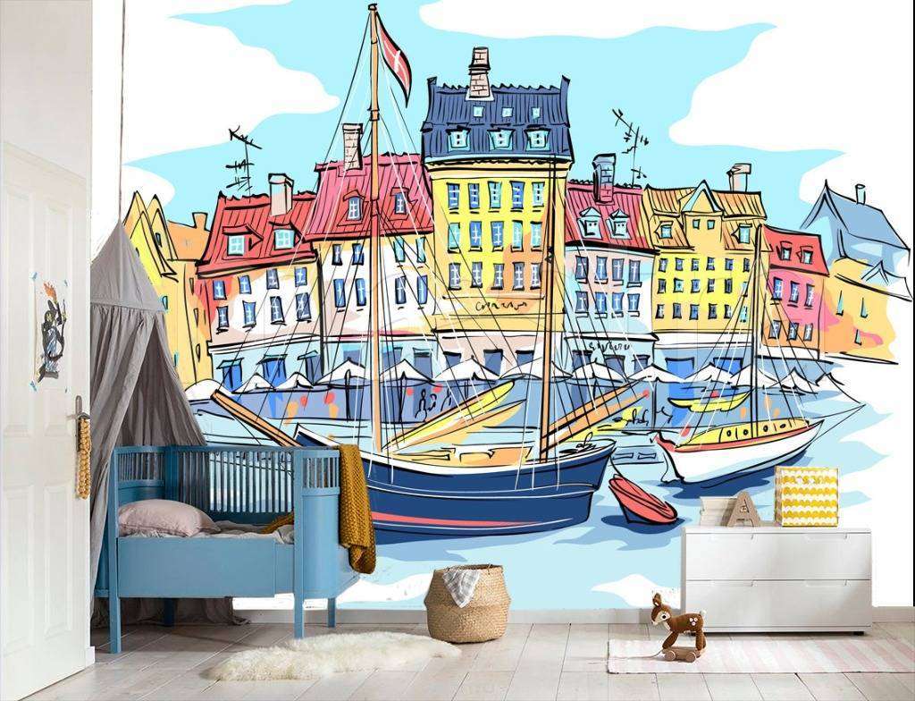 Фотообои в интерьере набережная с домиками графика  12-499 фото