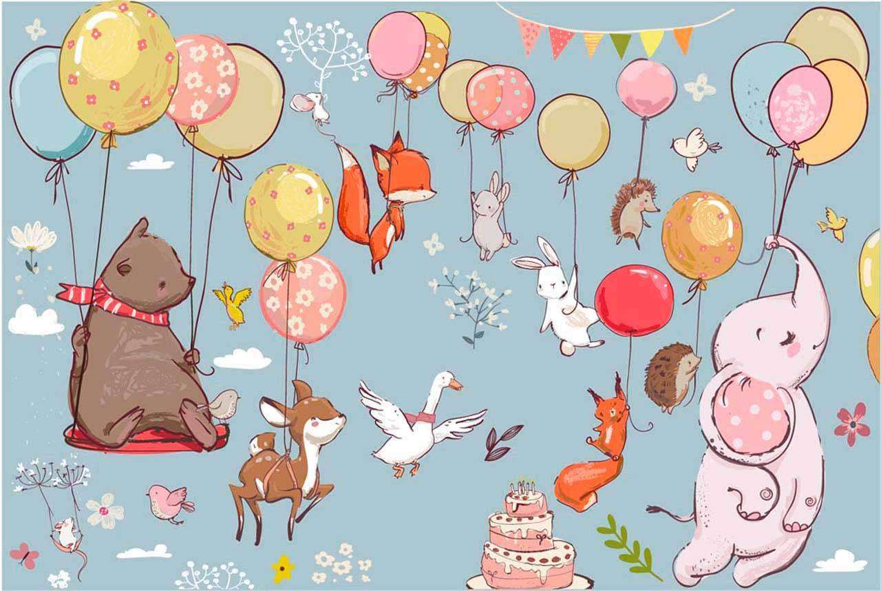 Фотообои в интерьере звери на шарах летят на голубом фоне  12-339 фото